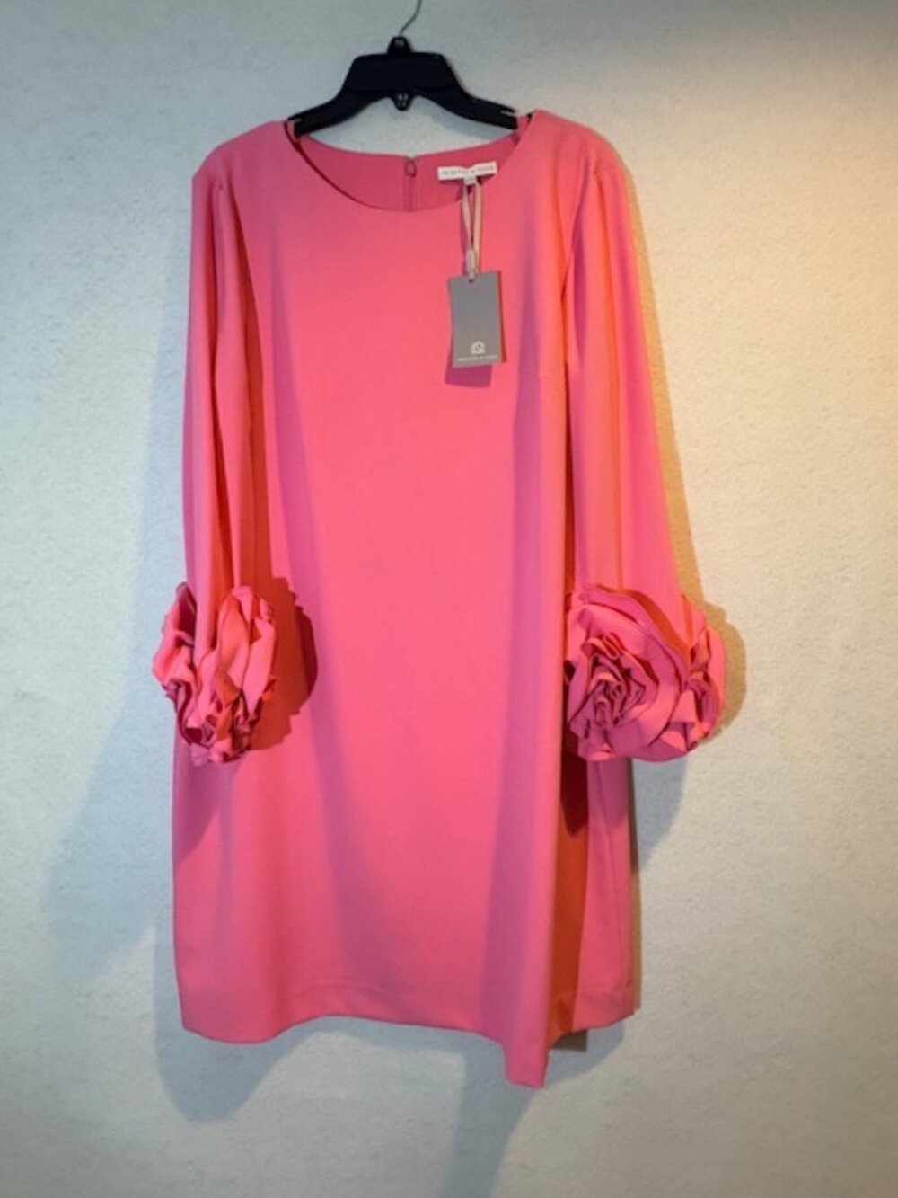 Preston & York Size 16 Cosmo Pink Crepe Shift Dress Long Sleeve Rosette Cuff NWT